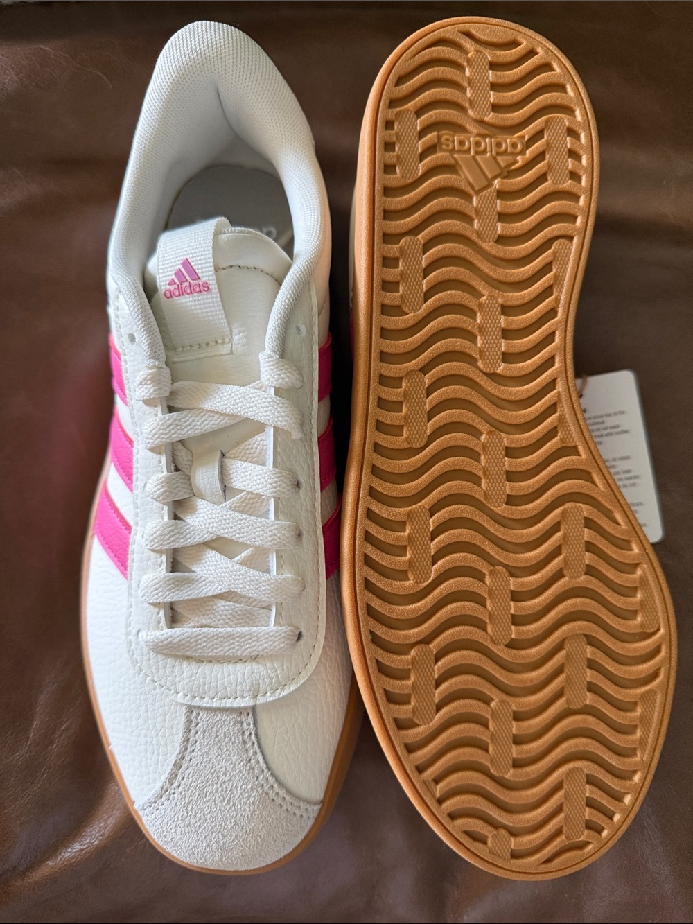 adidas White & Pink Retro Court Sneaker with Gum Sole